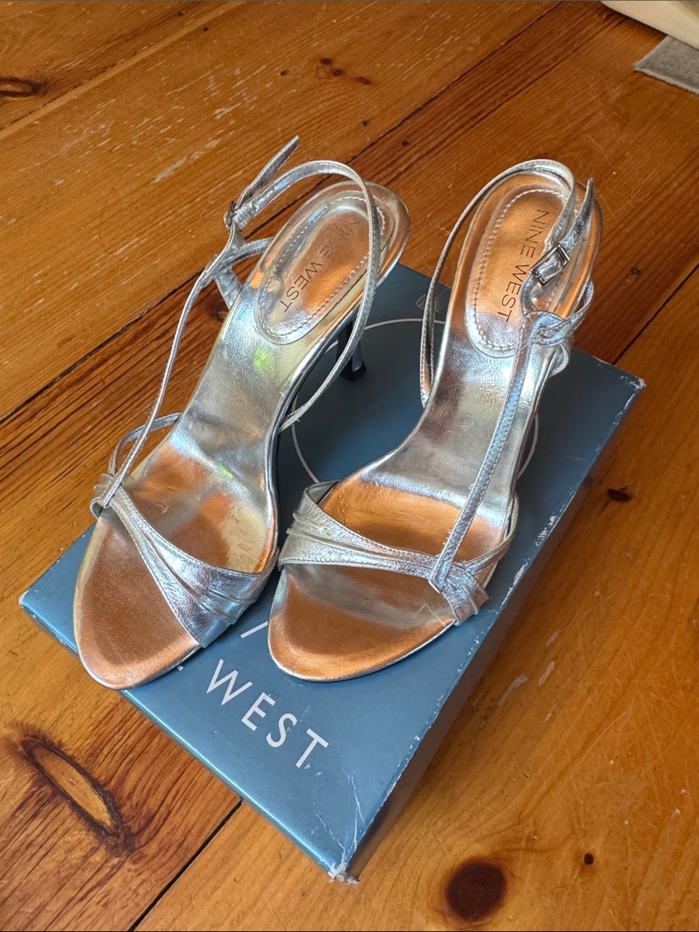 Nine West Metallic Silver Strappy High Heels
